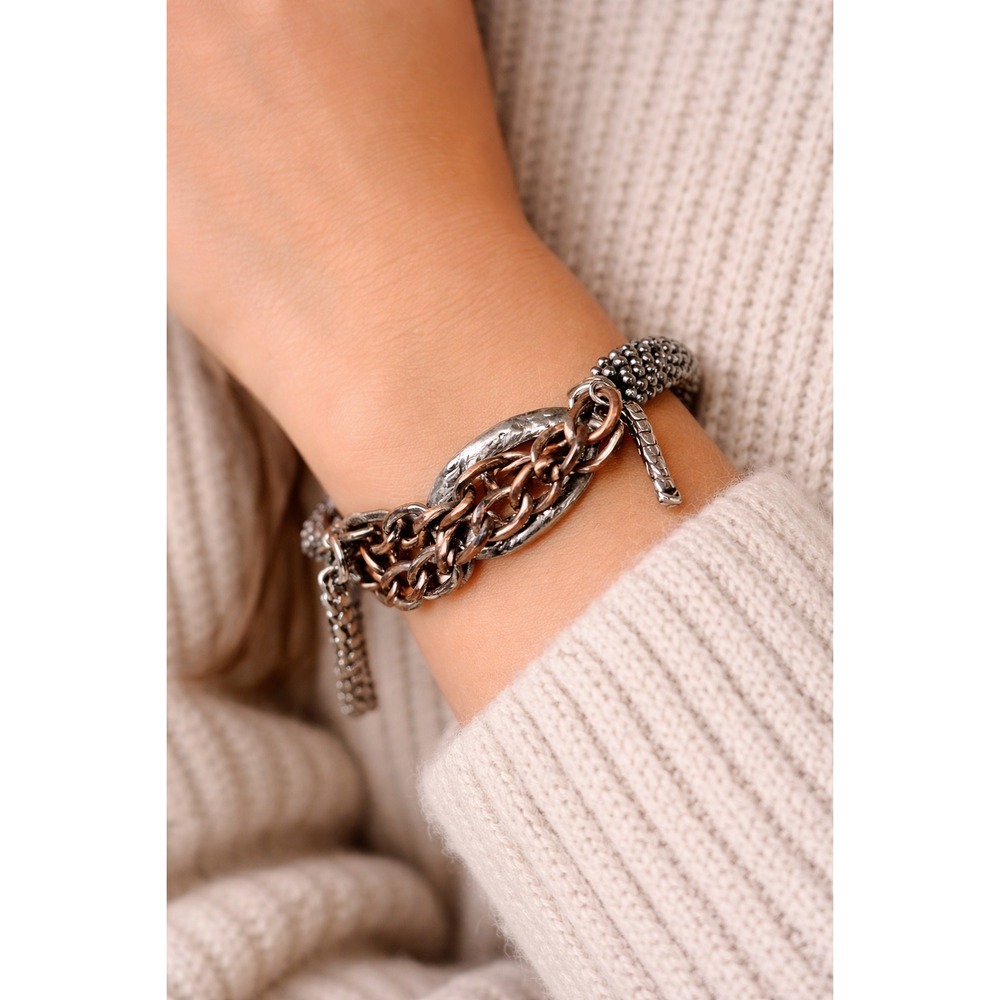 Bracelet Mixed Metal Multi Strand Stretch Chunky Chain Copper Silver Tone Boho